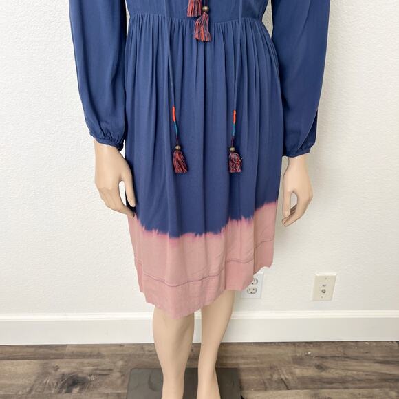 [Anthropologie] Holding Horses Blue Dip Dye Tie Front Peasant Mini Dress Size 14 - Picture 5 of 12